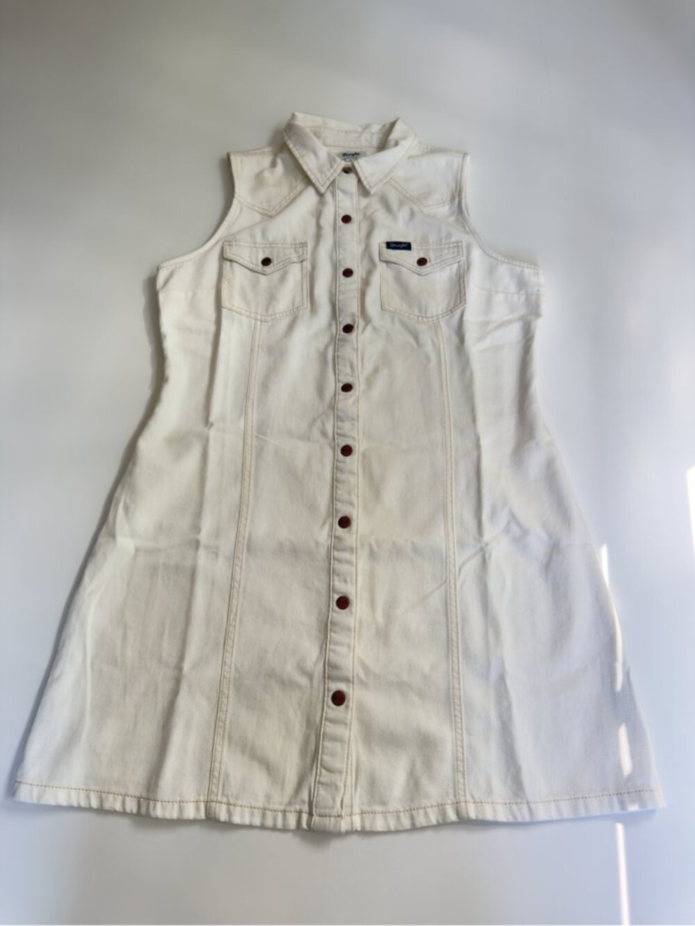 Wrangler Womans Size Large Western Snap Shirt Dress White Denim Cowgirl Button